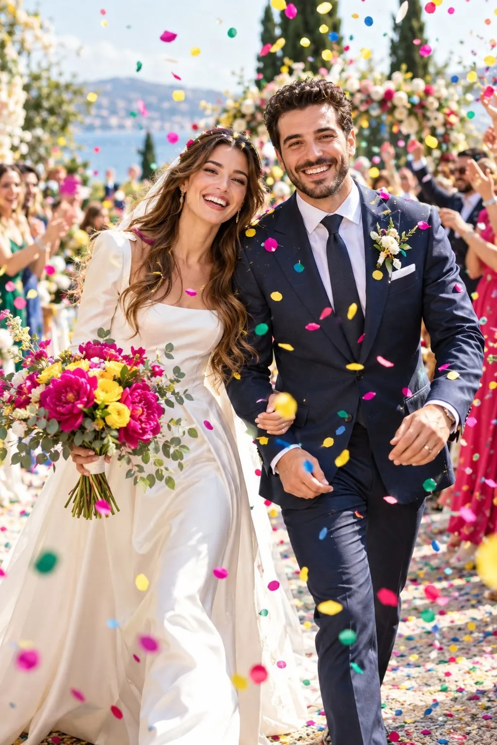 Noivos de mãos dadas rindo enquanto caminham sob uma chuva de confete colorido
