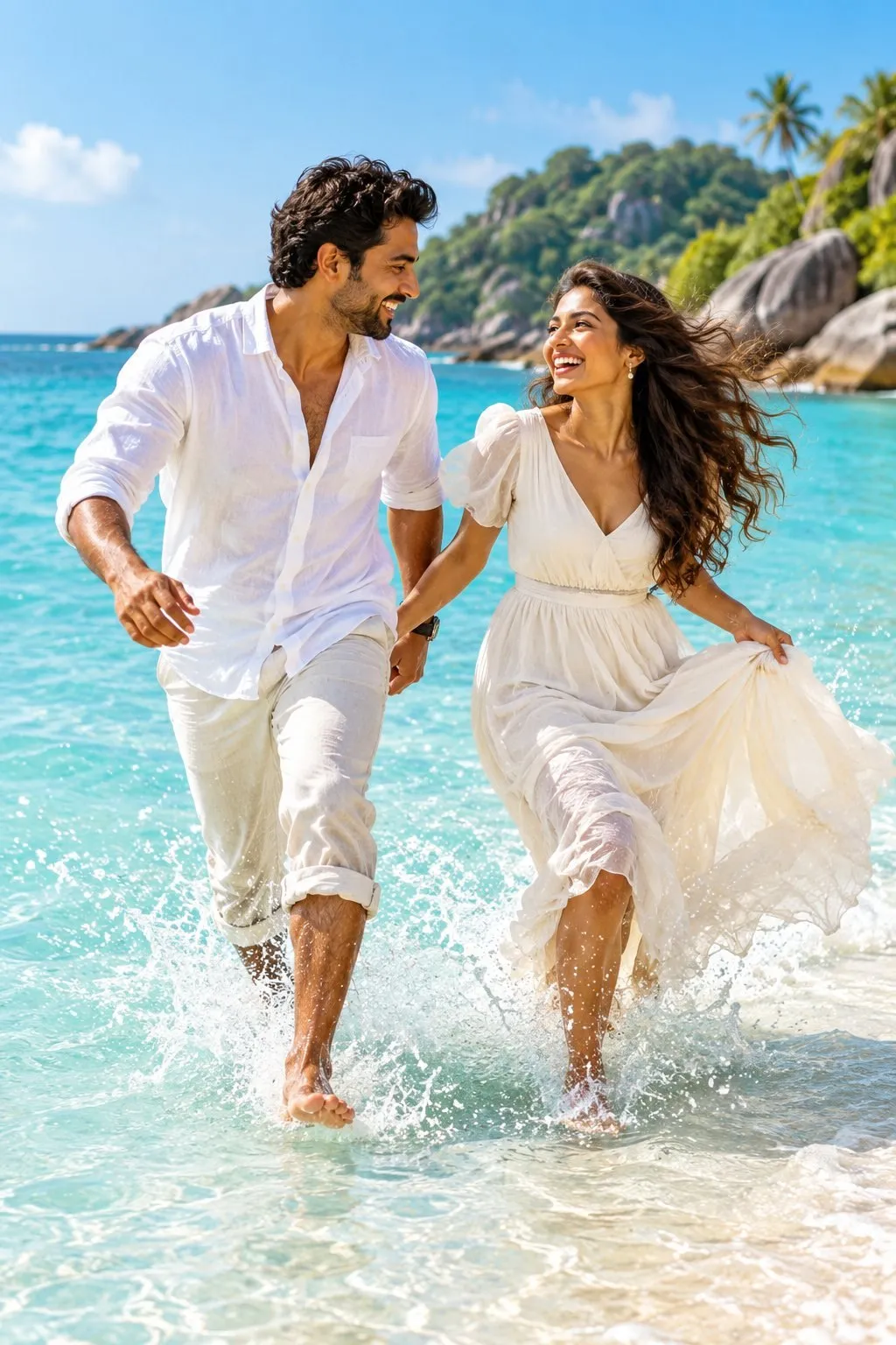 Braut und Bräutigam am Wasser im Hochzeitsstil Am Meer