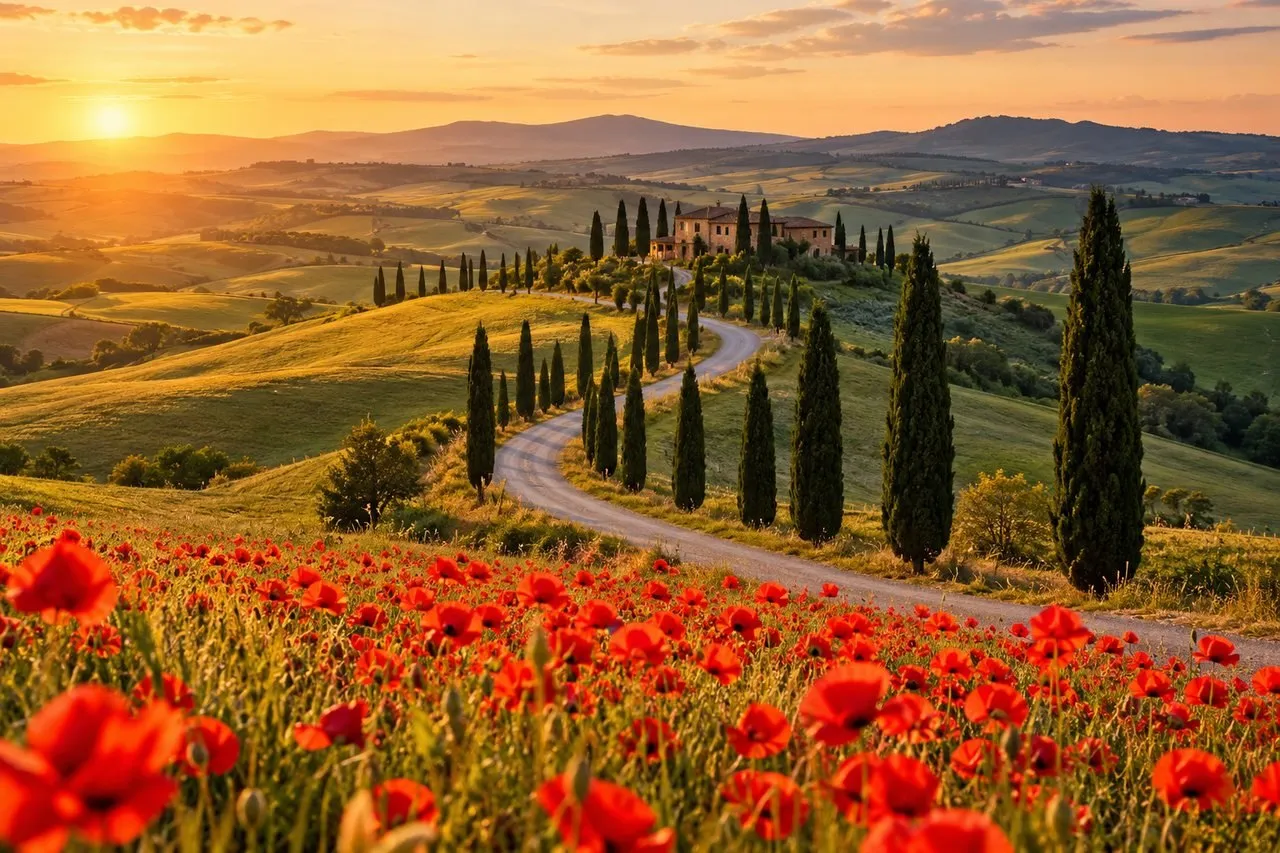Colinas verdes da Toscana com uma fileira de ciprestes