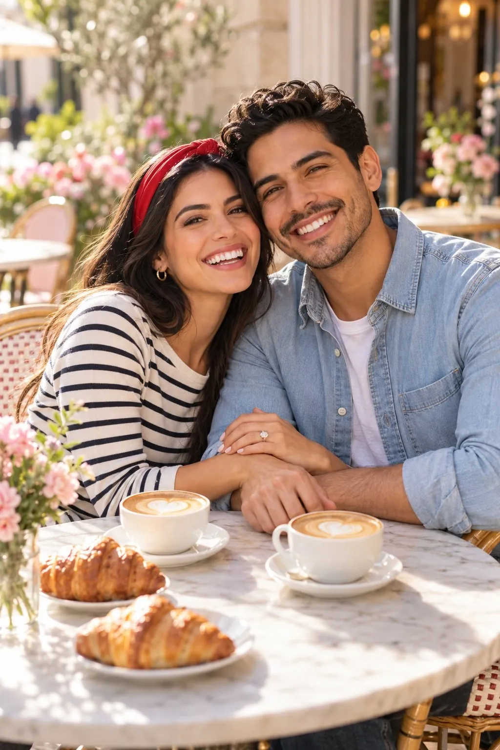 Paar sitzt sich in einem Café gegenüber und lächelt bei einer Tasse Kaffee