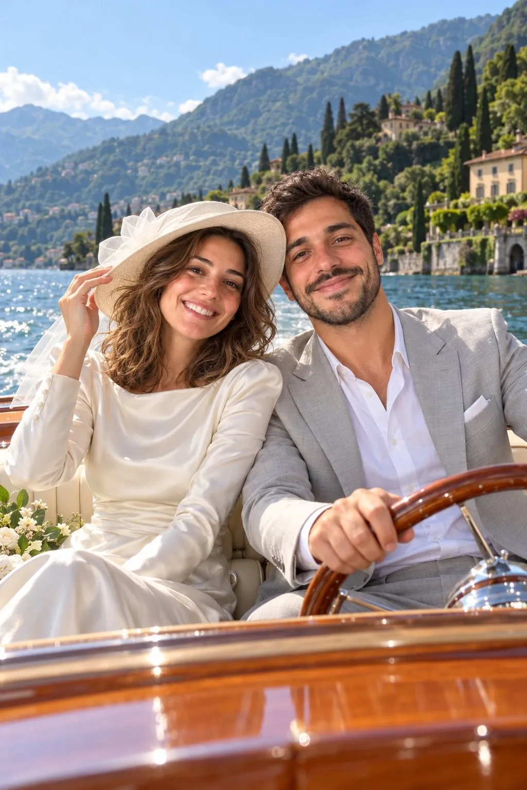 Casal vestido de noivos no lago de Como, criado a partir de uma boa foto para IA