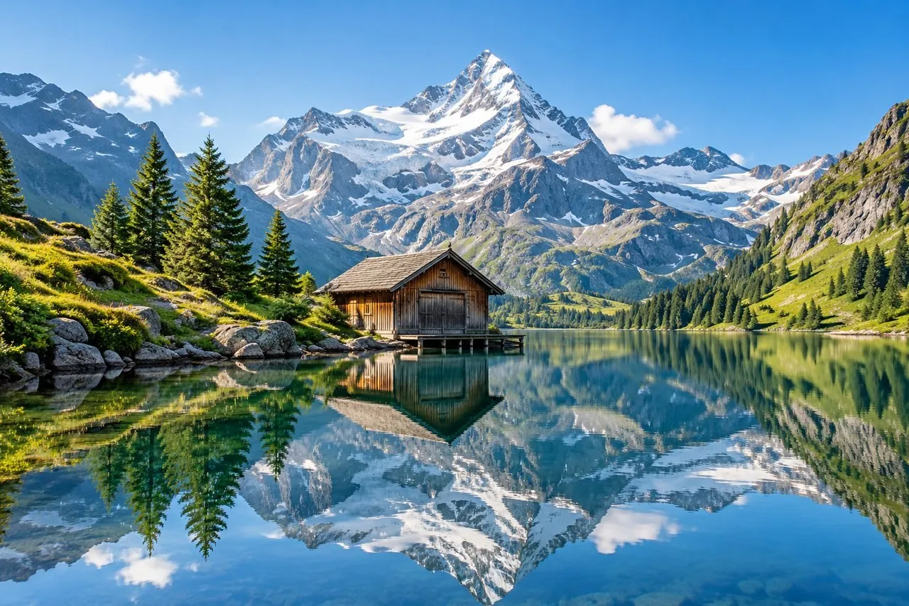 Montanhas nevadas dos Alpes suíços acima de um lago calmo
