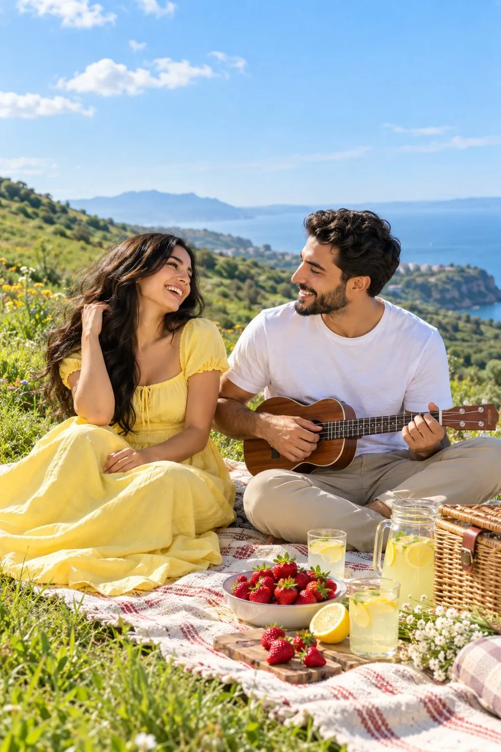 Paar beim Picknick auf einer Wiese mit Decke, Korb und frischem Obst
