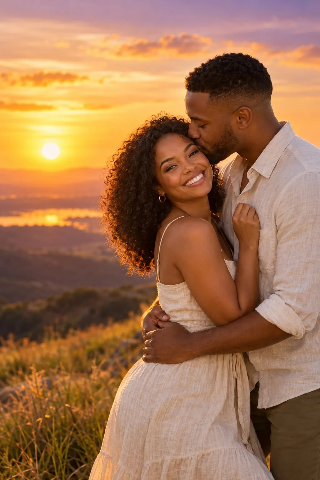 Casal abraçado no alto de uma colina ao pôr do sol
