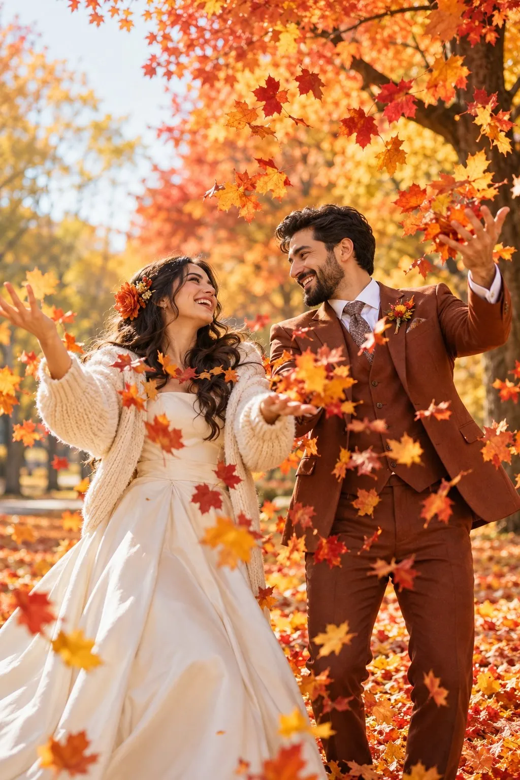 Paar geht Hand in Hand durch buntes Herbstlaub in einem Park