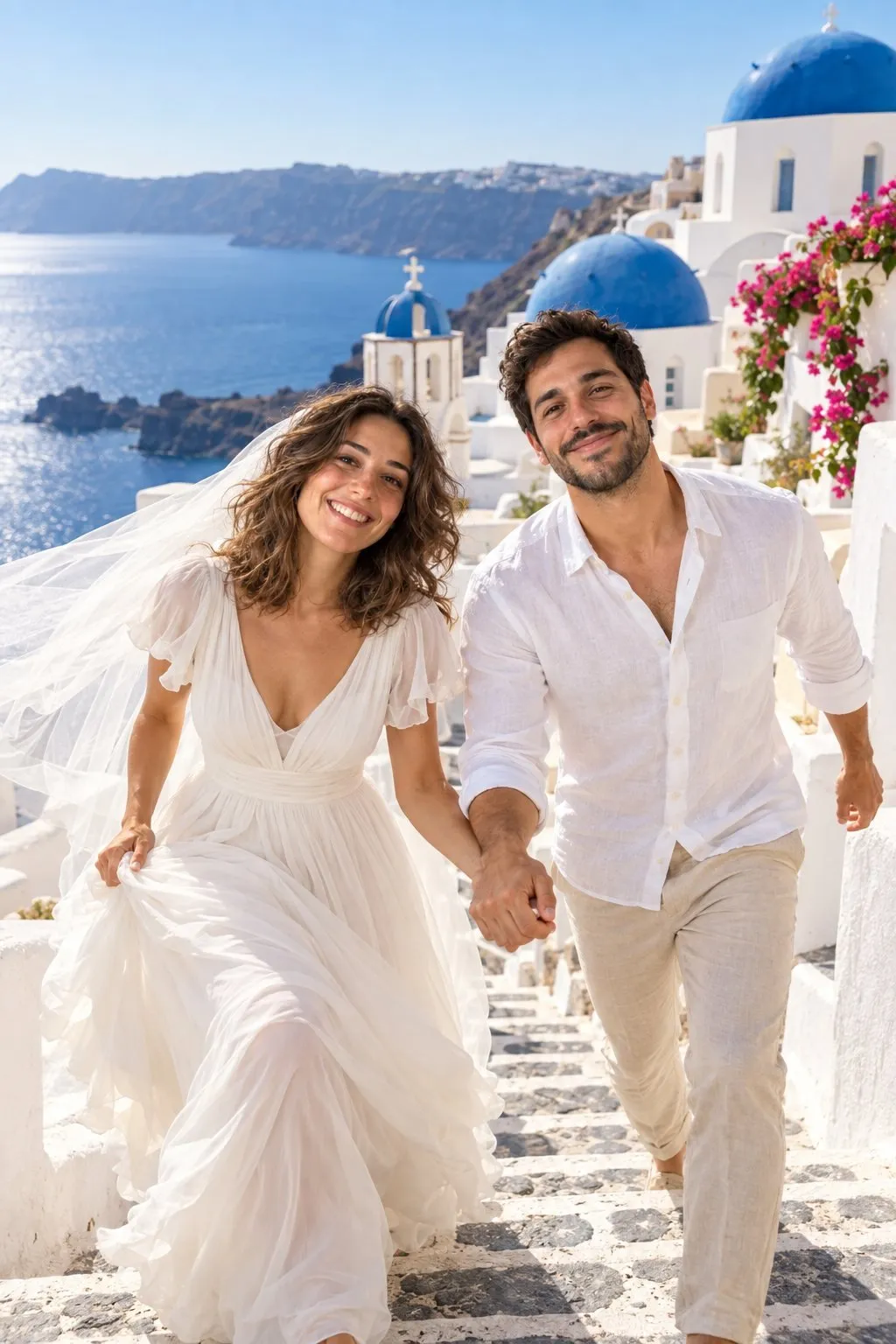 Brautpaar im Hochzeitsoutfit geht Hand in Hand durch die weißen Gassen von Santorini