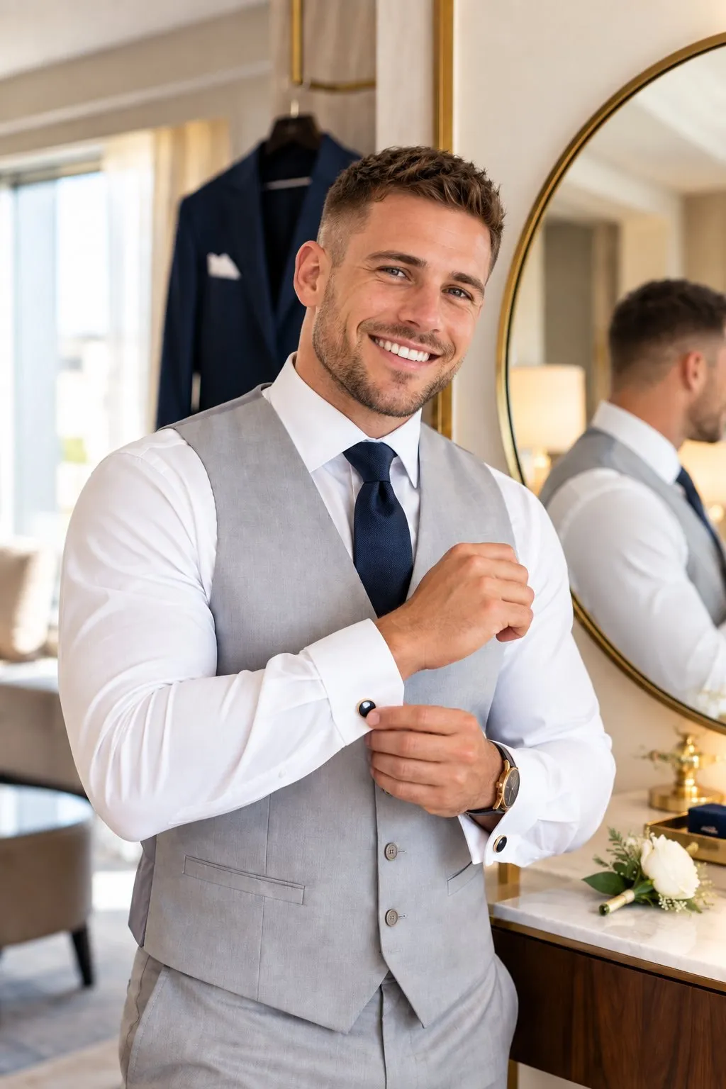 Düğün sabahı takım elbisesini düzelterek hazırlanan damat