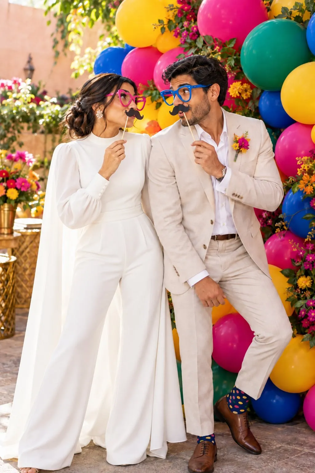 Fotoğraf kabininde aksesuarlarla eğlenen gelin ve damat